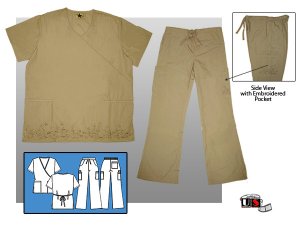 Solid Mock Wrap Scrub Set with Embroidered Design - Khaki