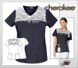 Cherokee Lace Yoke with Floral Embroidery V-Neck Top - Black