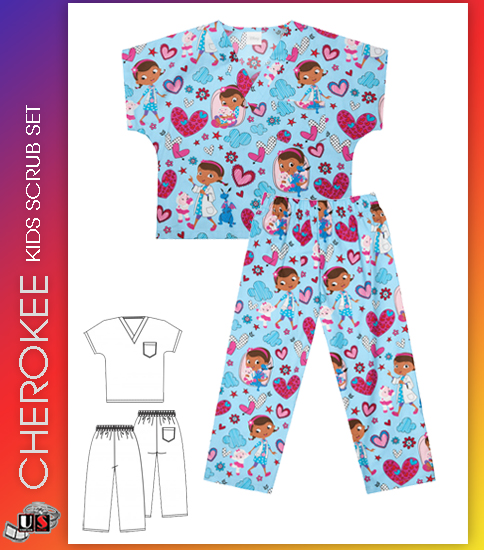 CHEROKEE Unisex Tooniform Kids Top and Pant Scrub Set in Hugs - Click Image to Close