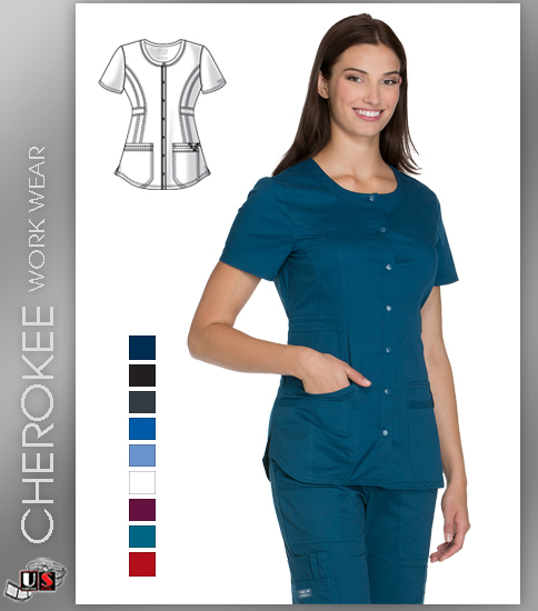 Cherokee Workwear Round Neck Modern Classic Fit Snap Front Top - Click Image to Close