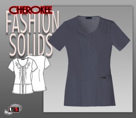 Cherokee Fashion Solids V-Neck Embroidered Top In Pewter