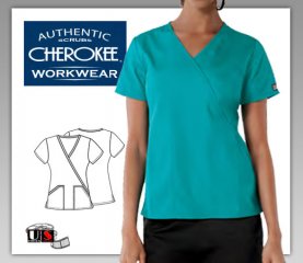 Cherokee Workwear Fit and Flare Mock Wrap Top