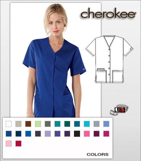 Cherokee Workwear's Solid Snap Front V-Neck Scrub Top - Click Image to Close