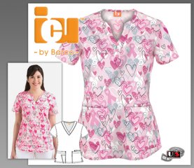 Barco ICU Pink Heart Women's Mock Placket Print Top