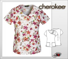 Cherokee Printed Oh So Tweet V-Neck Pin-Tuck Top