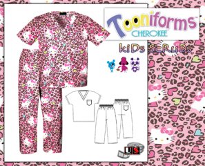 Hello Kitty Cheetah Cherokee Tooniforms V-Neck Kids Scrub Set