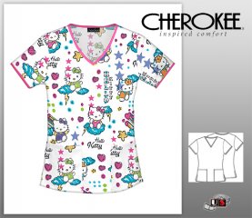 Cherokee Tooniform V-Neck Top - Scribble Hello Kitty