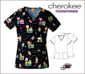 Cherokee Tooniforms V-Neck Top in Peanuts Cupcake