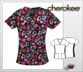 Cherokee Printed Hearts Gone Wild V-Neck Knit Panel Top