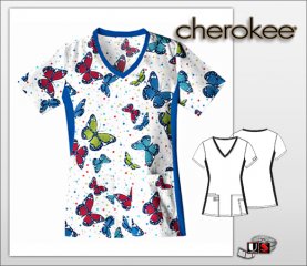 Cherokee Printed Bubbles and Butterflies V-Neck Knit Panel Top