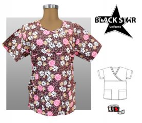 BlackStar Printed Mock Wrap Scrub Top - Pink Flower Garden