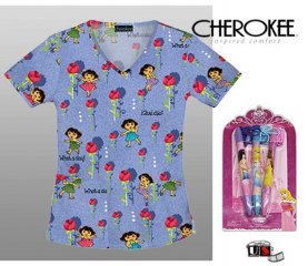 Nickelodeon Dora Cherokee Mock Wrap Scrub Top and Clip Pens