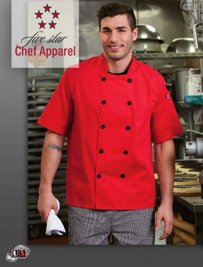 Five Star Chef's Uniform Unisex Short Sleeve Chef Jacket - Red - Click Image to Close