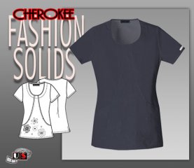 Cherokee Fashion Solids Round Neck Embroidered Top in Pewter