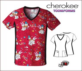 Cherokee Tooniforms V-Neck Knit Panel Top in Connect The Ducks