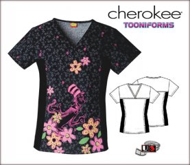 Cherokee Tooniforms V-Neck Knit Panel Top in Think Pink