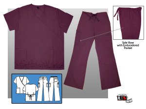 Solid Mock Wrap Scrub Set with Embroidered Design - Burgundy