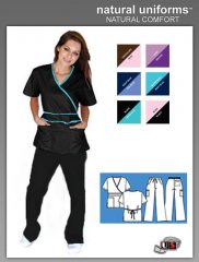 Natural Uniforms Solid Mock-Wrap Contrast Trim Top-Black -W-Blue