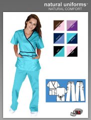 Natural Uniforms Solid Mock-Wrap Contrast Trim Top-W-Blue-Navy