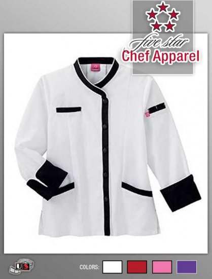 Five Star Chef Apparel Ladies Long Sleeve Executive Coat - White - Click Image to Close