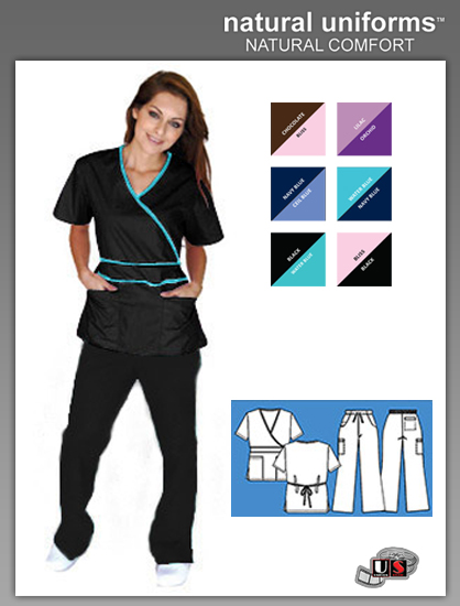Natural Uniforms Solid Mock-Wrap Contrast Trim Top-Black -W-Blue - Click Image to Close