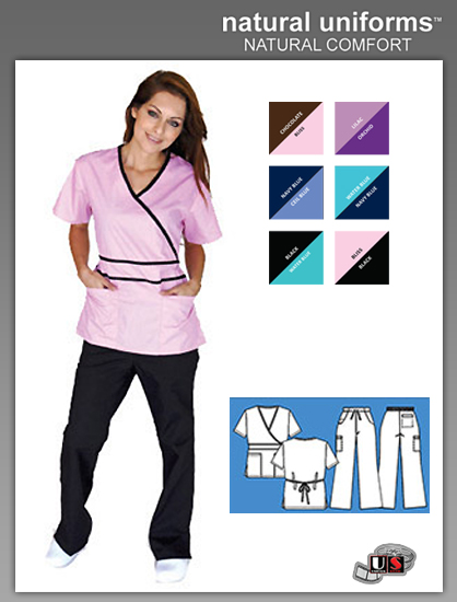 Natural Uniforms Solid Mock-Wrap Contrast Trim Top - Bliss-Black - Click Image to Close