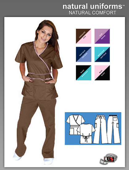Natural Uniforms Solid Mock-Wrap Contrast Trim Top - Choco-Bliss - Click Image to Close