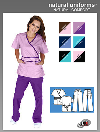 Natural Uniforms Solid Mock-Wrap Contrast Trim Top-Lilac-Orchids - Click Image to Close