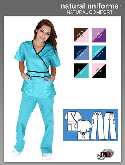 Natural Uniforms Solid Mock-Wrap Contrast Trim Top-W-Blue-Navy - Click Image to Close