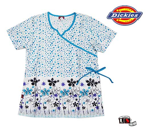 Dickies Mock-Wrap Printed Top with Tie Waist - Blue Flowers - Click Image to Close