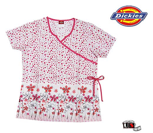 Dickies Mock-Wrap Printed Top with Tie Waist - Red Flowers - Click Image to Close