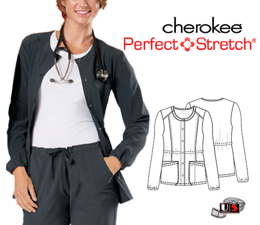 Cherokee Perfect Stretch Scrub Uniform Snap Front Warm-up Jacket - Click Image to Close