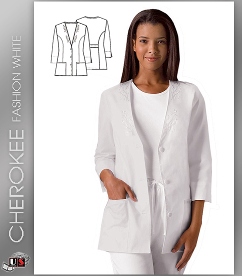 Cherokee Fashion Solid White Women's 3/4 Sleeve Solid Scrub Jack - Click Image to Close