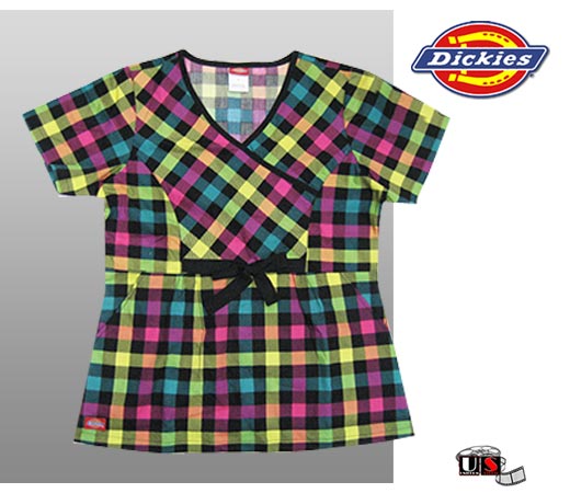 Dickies Mock-Wrap Printed Top - Checkered Design - Click Image to Close