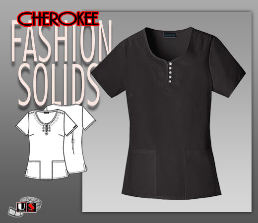 Cherokee Fashion SolidsRound Neck Embroidered Top in Black - Click Image to Close