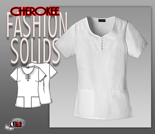 Cherokee Fashion Solids Round Neck Embroidered Top in White - Click Image to Close