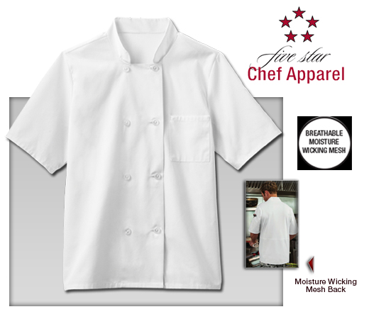 Five Star Chef Apparel Mens Moisture Wicking Mesh Back Chef Coat - Click Image to Close