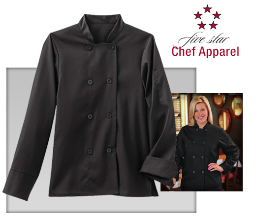 Five Star Chef Apparel Ladies 8 Button Chef Jacket - Black - Click Image to Close