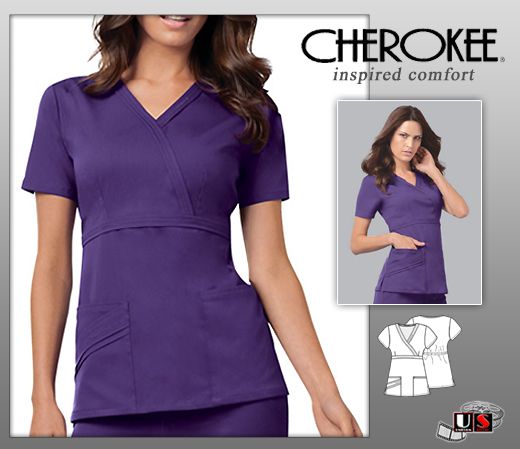 Cherokee Luxe Chic Styling Solid Mock Wrap Scrub Top - Click Image to Close