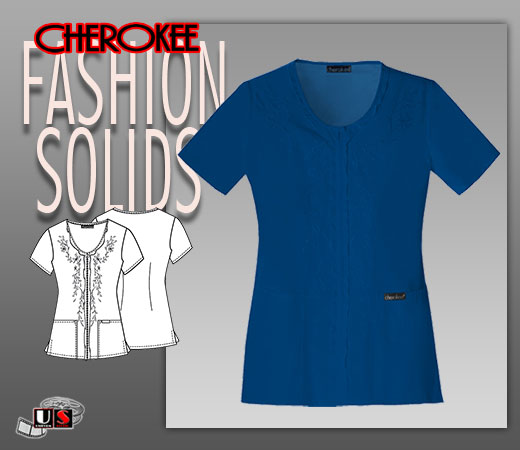 Cherokee Fashion Solids V-Neck Embroidered Top In Navy - Click Image to Close