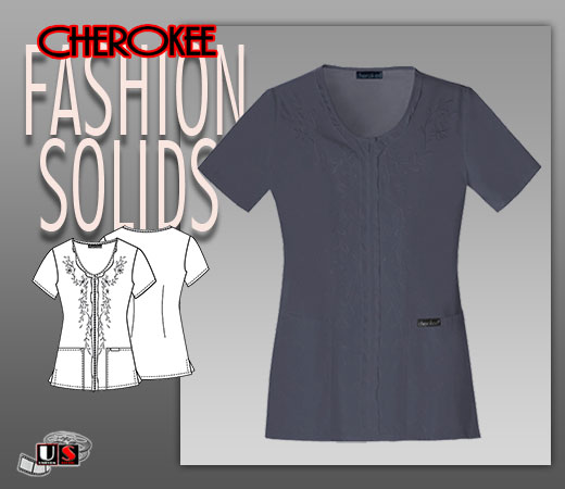 Cherokee Fashion Solids V-Neck Embroidered Top In Pewter - Click Image to Close