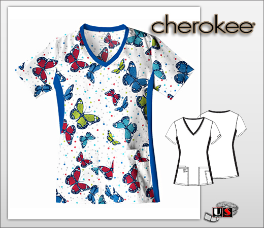 Cherokee Printed Bubbles and Butterflies V-Neck Knit Panel Top - Click Image to Close