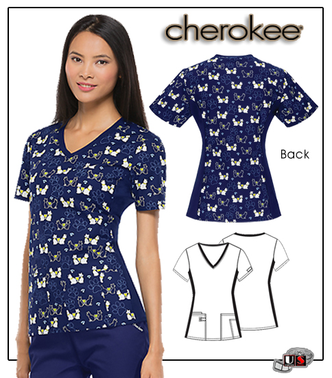 Cherokee Printed Proof Paws-itive V-Neck Knit Panel Top - Click Image to Close