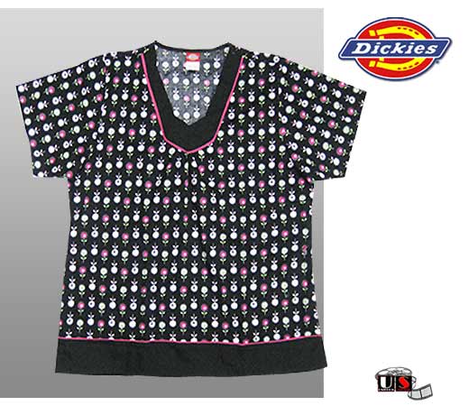 Dickies Modified V-Neck Top Contrast Neckline - Black / Flowers - Click Image to Close