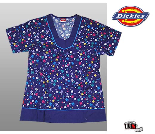 Dickies Modified V-Neck Top Contrast Neckline - Blue / Flowers - Click Image to Close