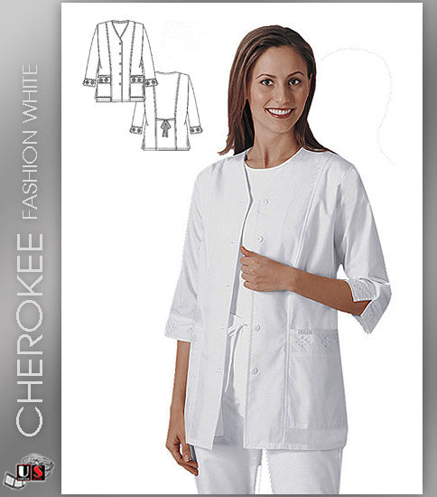 Cherokee Fashion Solid White Women's Eyelet Solid Scrub Jacket - Click Image to Close