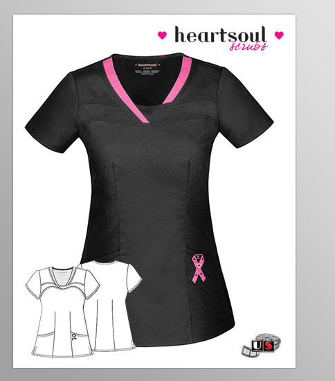 HeartSoul Breast Cancer Awareness 3-Pocket Woven Scrub Top Black - Click Image to Close