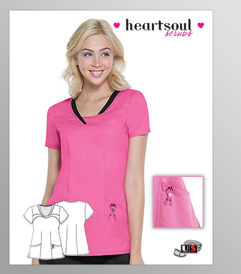 HeartSoul Breast Cancer Awareness 3-Pocket Woven Scrub Top Pink - Click Image to Close