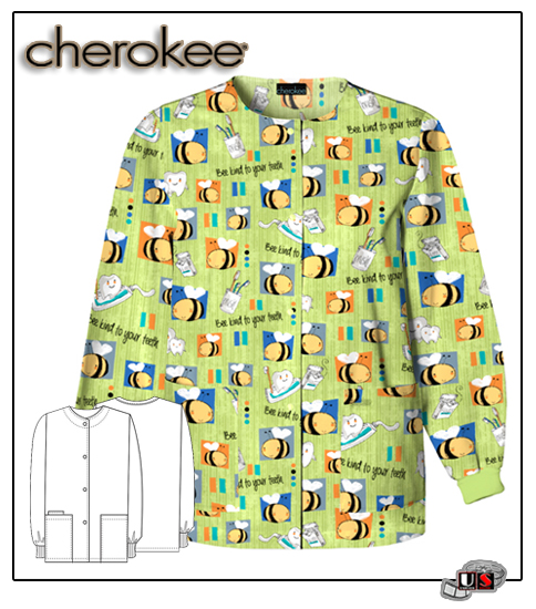 Cherokee Printed Bee Kind To Your Teeth Snap Front Warm-Up Jcket - Click Image to Close