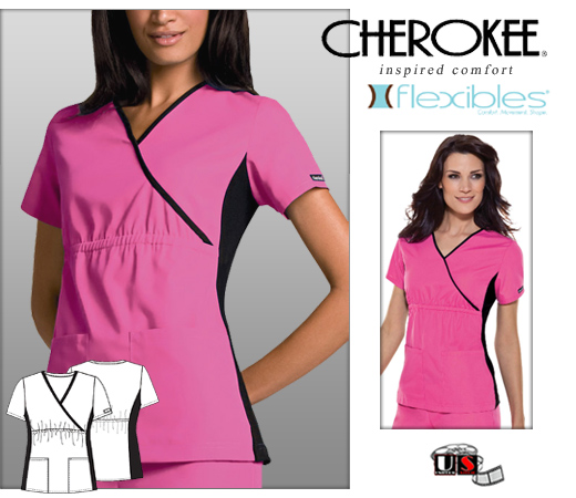 Cherokee Flexibles Solid Mock Wrap Scrub Top - Black Side Panels - Click Image to Close